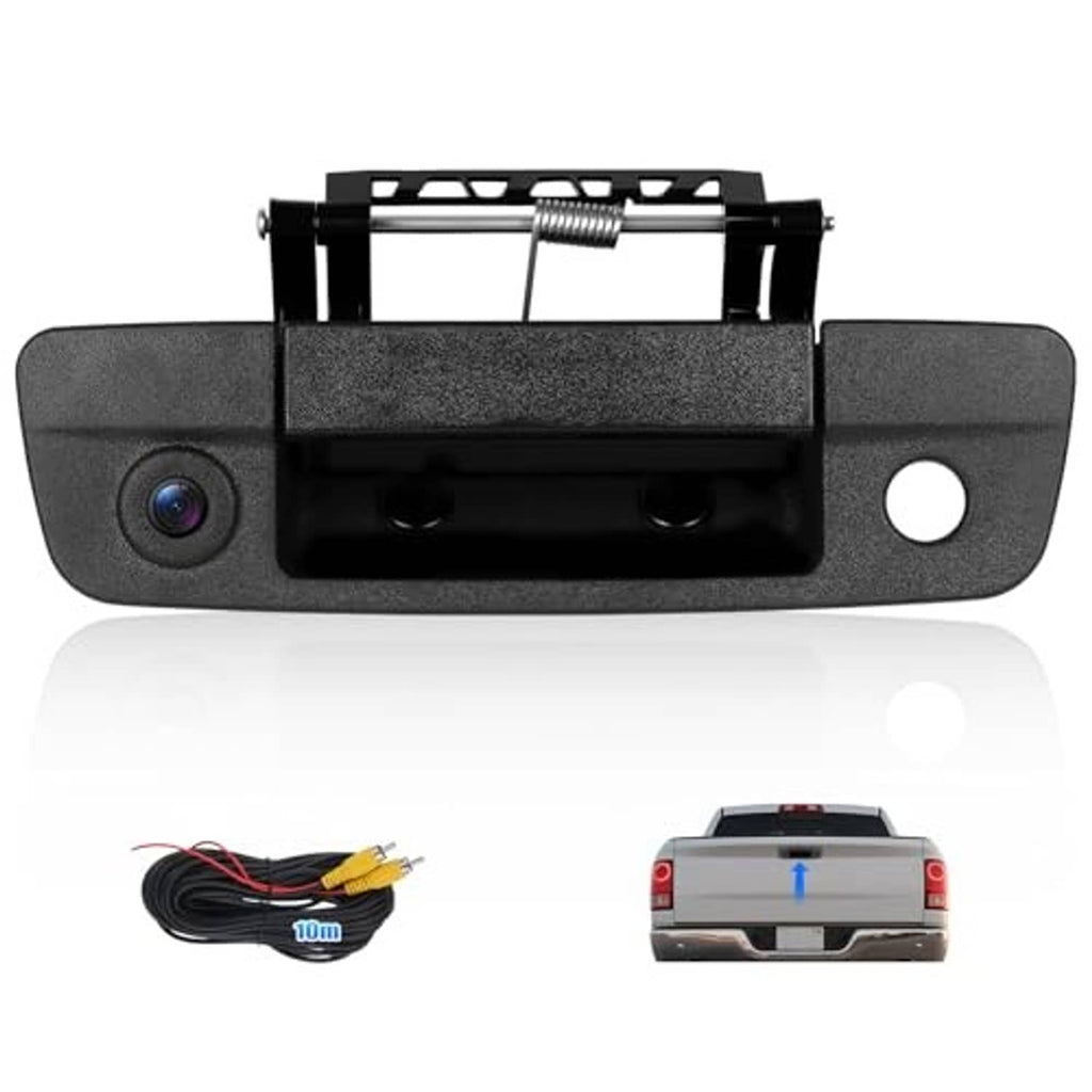 Tailgate backup camera module with lens and metal mounting frame, plus wiring set