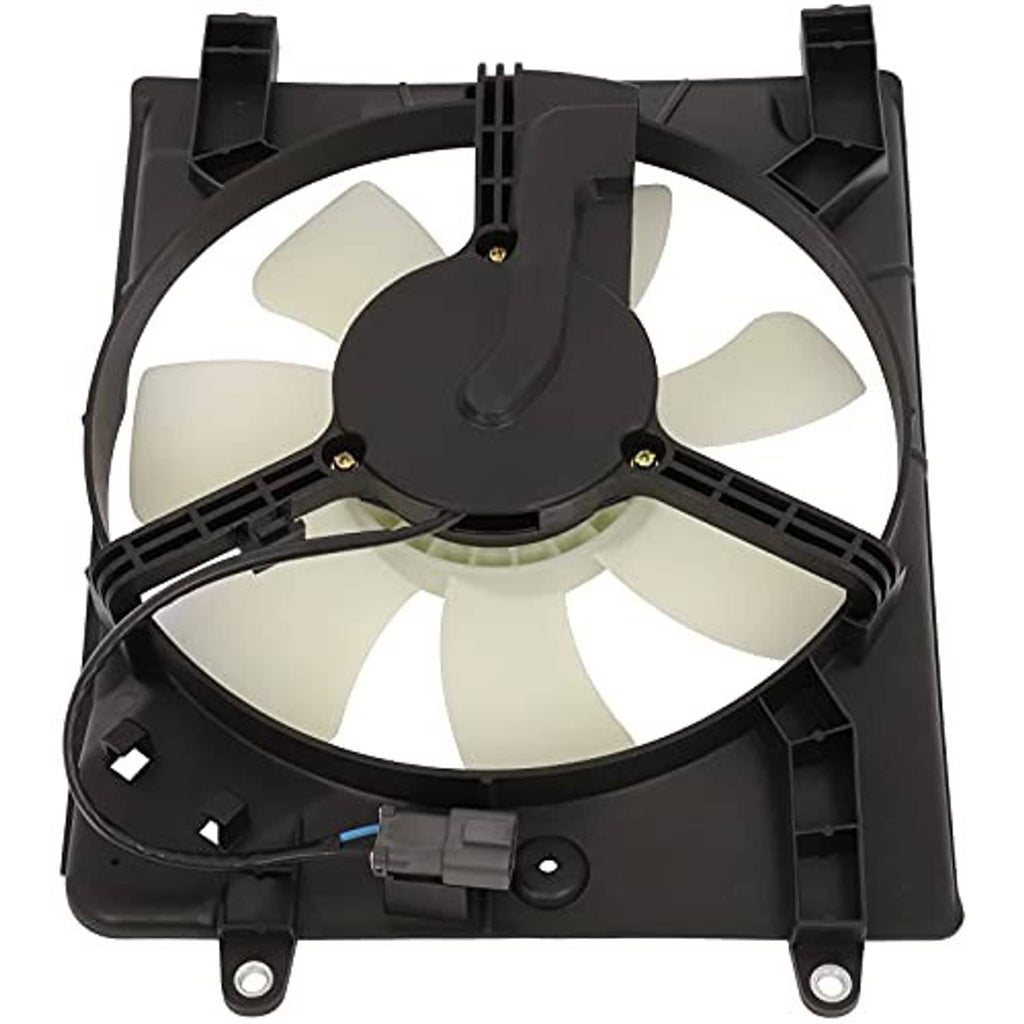 Radiator cooling fan shroud with white blades and support bracket underside