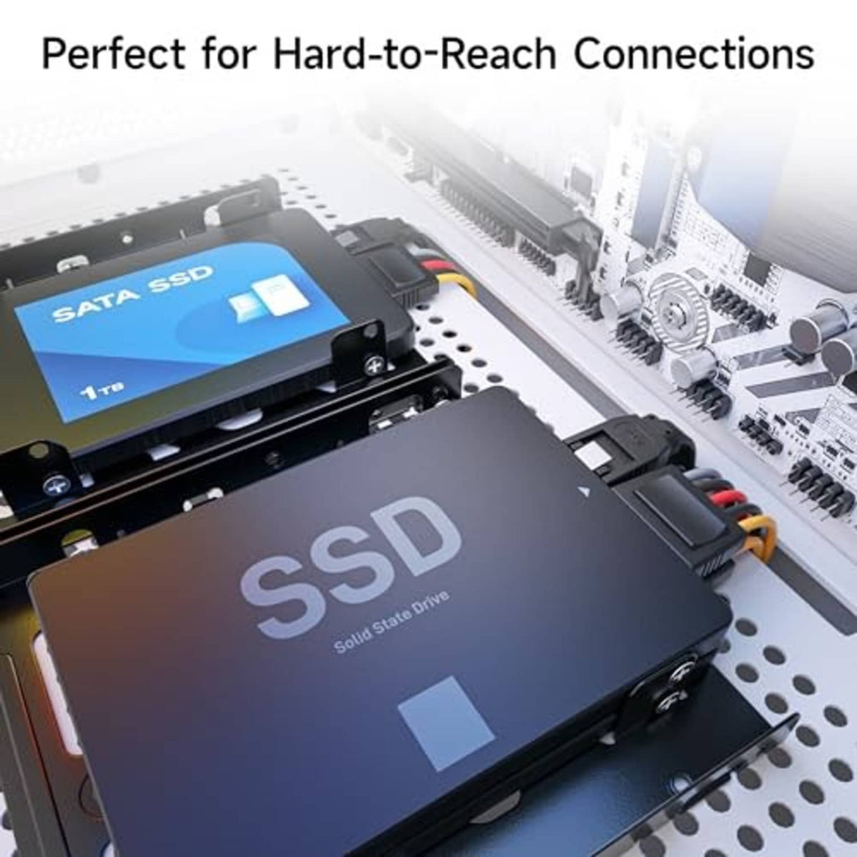 SATA power extension cable plugged into SSD, 15-pin male-to-female connectors