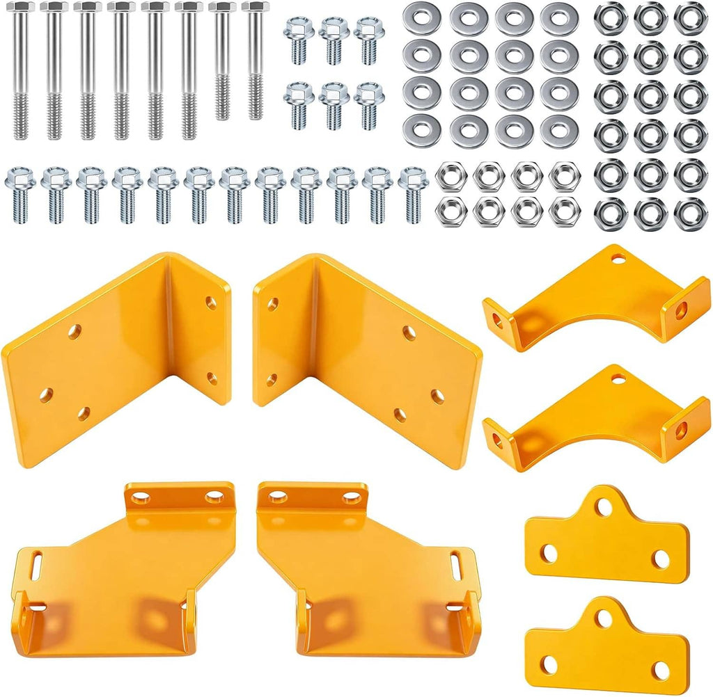 Yellow hydro transmission mounting brackets with bolts, nuts, and washers set