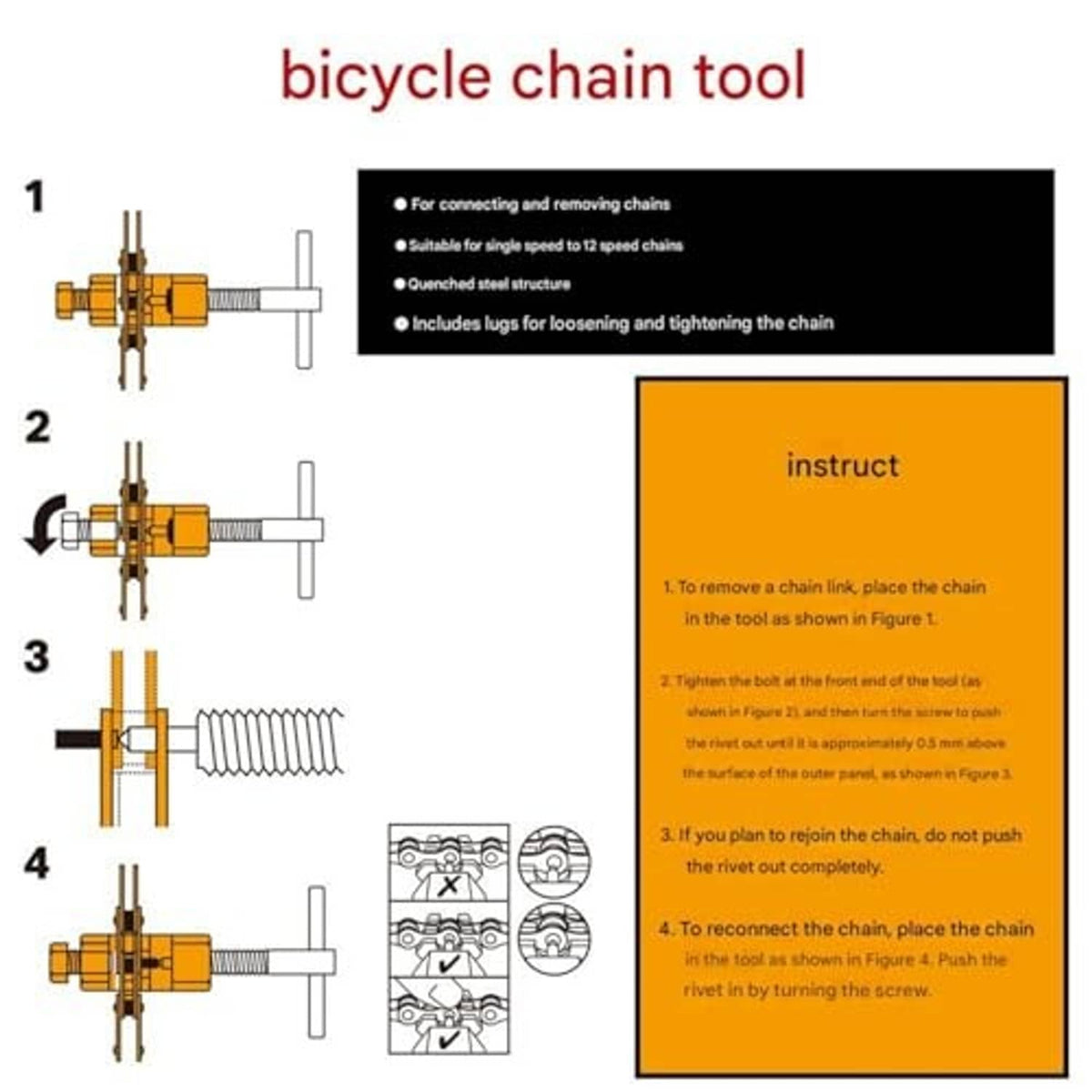 Bike chain tool illustrated steps for connecting and removing bicycle chains with screw press.