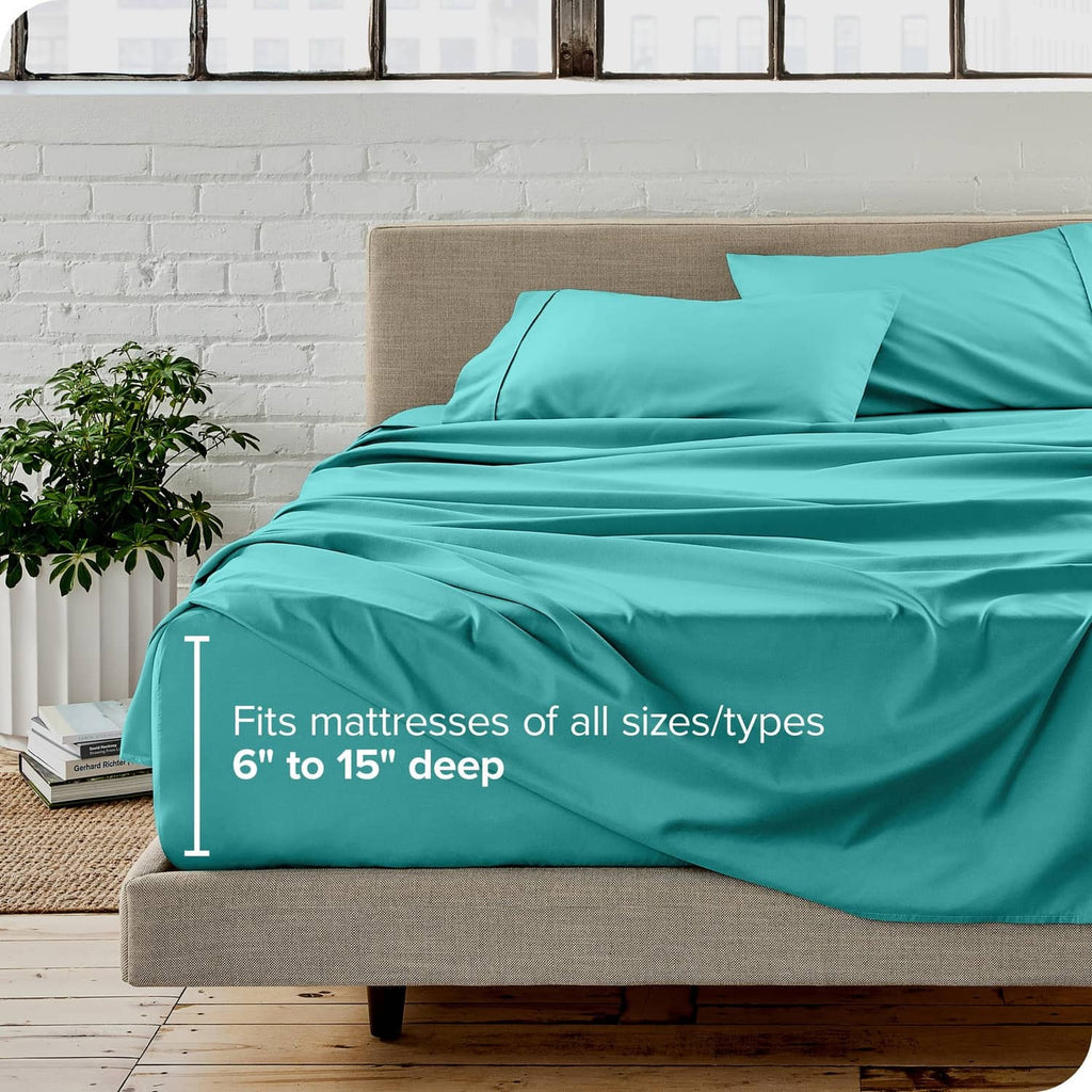 Turquoise fitted sheet with deep elastic pockets and two matching pillowcases