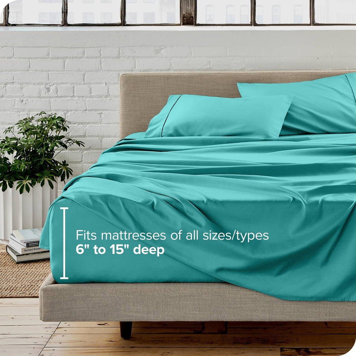 Turquoise fitted sheet with deep elastic pockets and two matching pillowcases