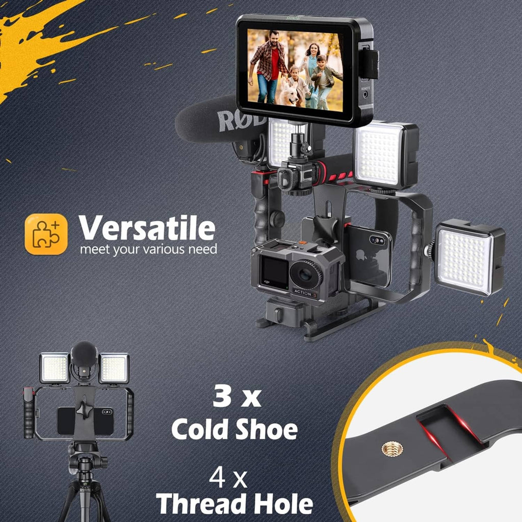 Compact video rig with phone mount and three cold-shoe LED lights