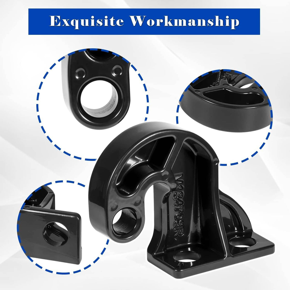 Black right-hand lower hood pivot bracket with rounded arm and mounting holes
