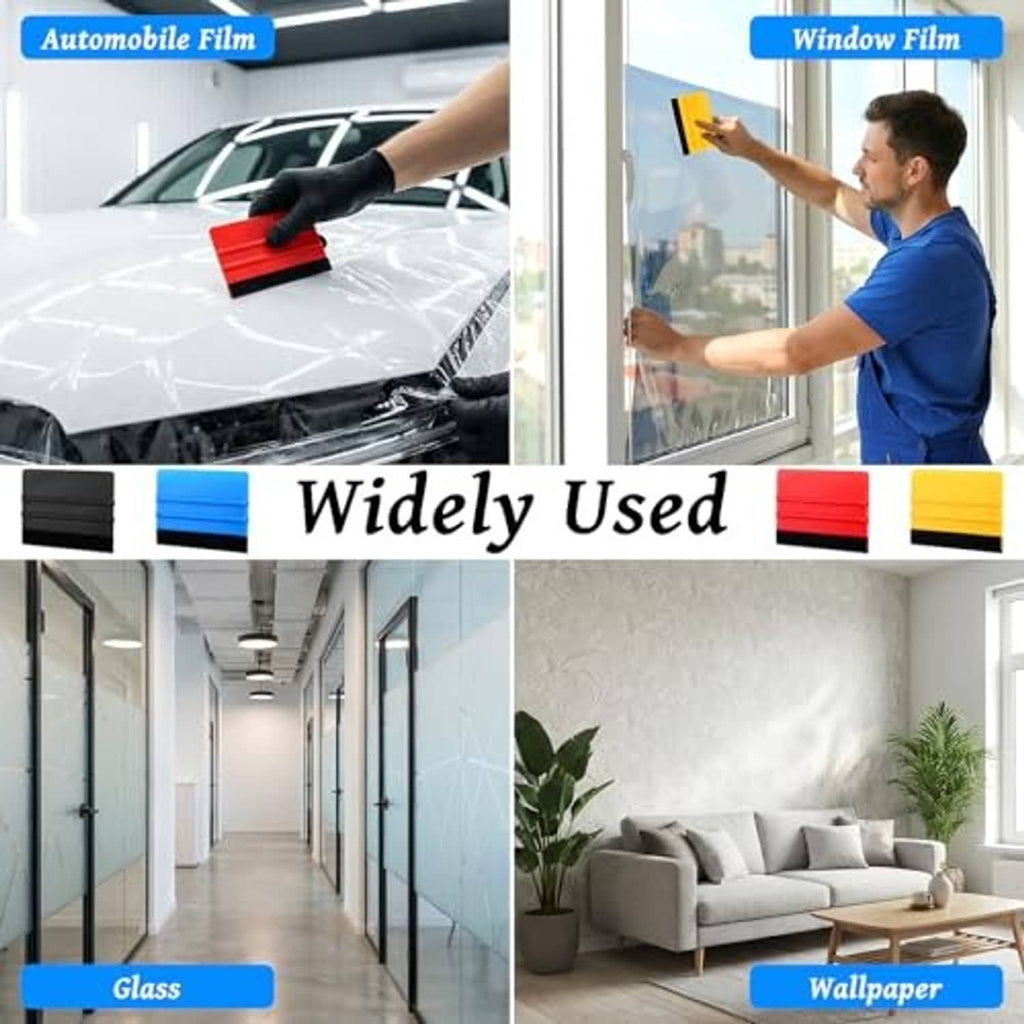 Felt squeegee kit for window film, squeegee blocks in black, blue, red, and yellow