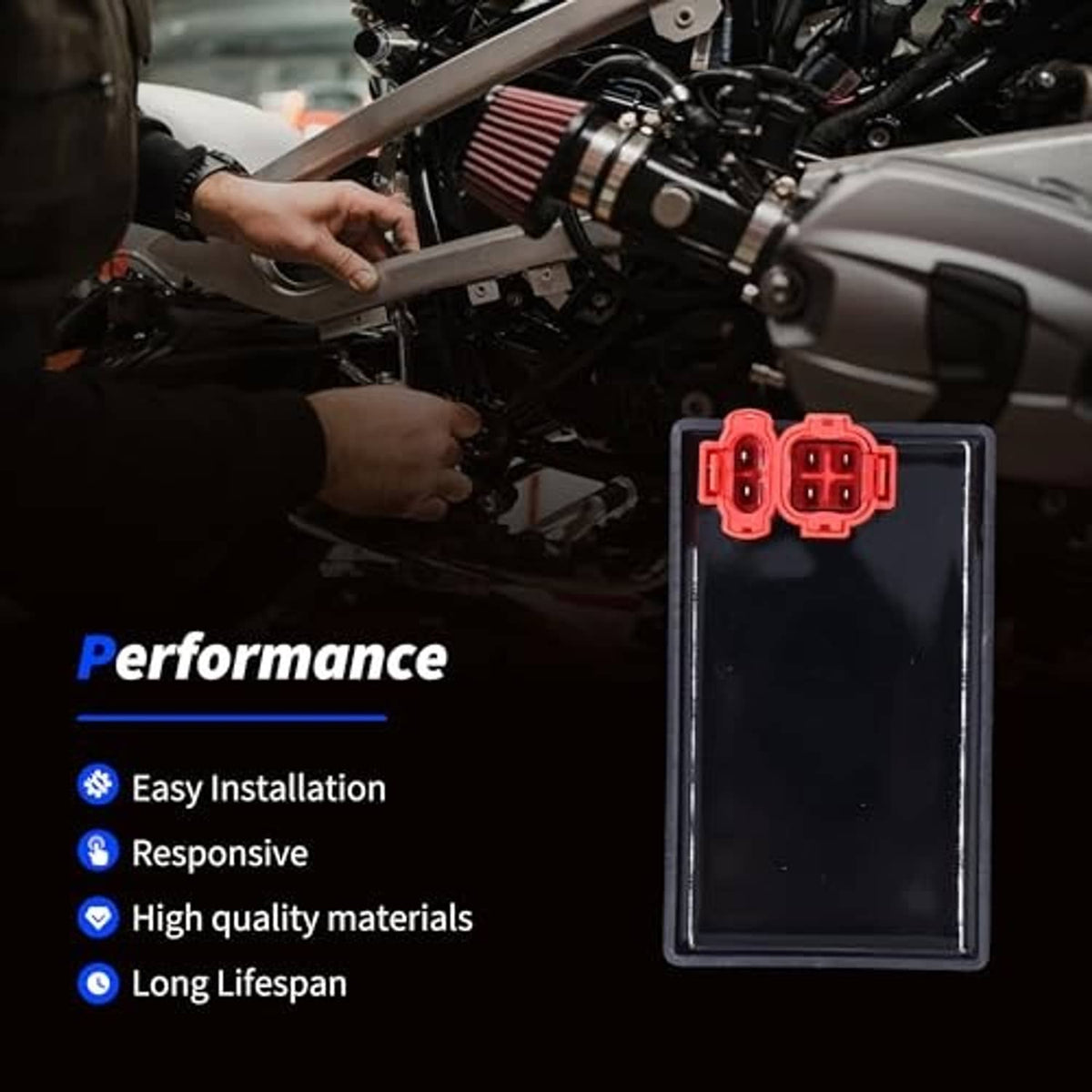 Black ignition CDI module box with red 4-pin connector mounted near motorcycle engine