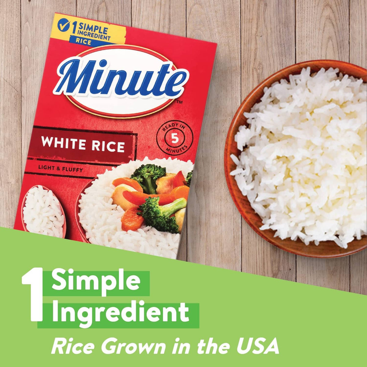 Instant white rice package with a bowl of fluffy white rice on a wood surface
