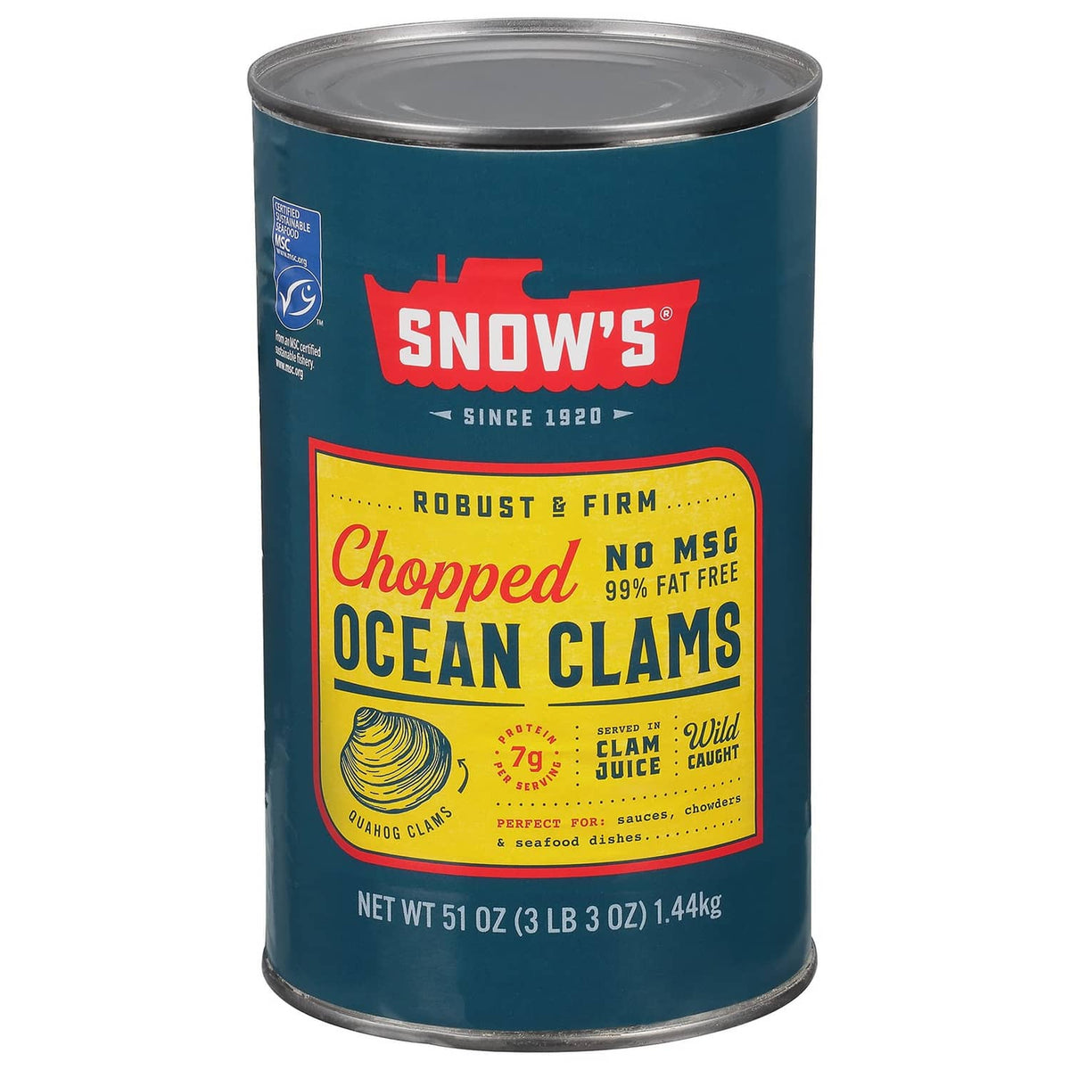 Canned chopped ocean clams in blue can with silver lid