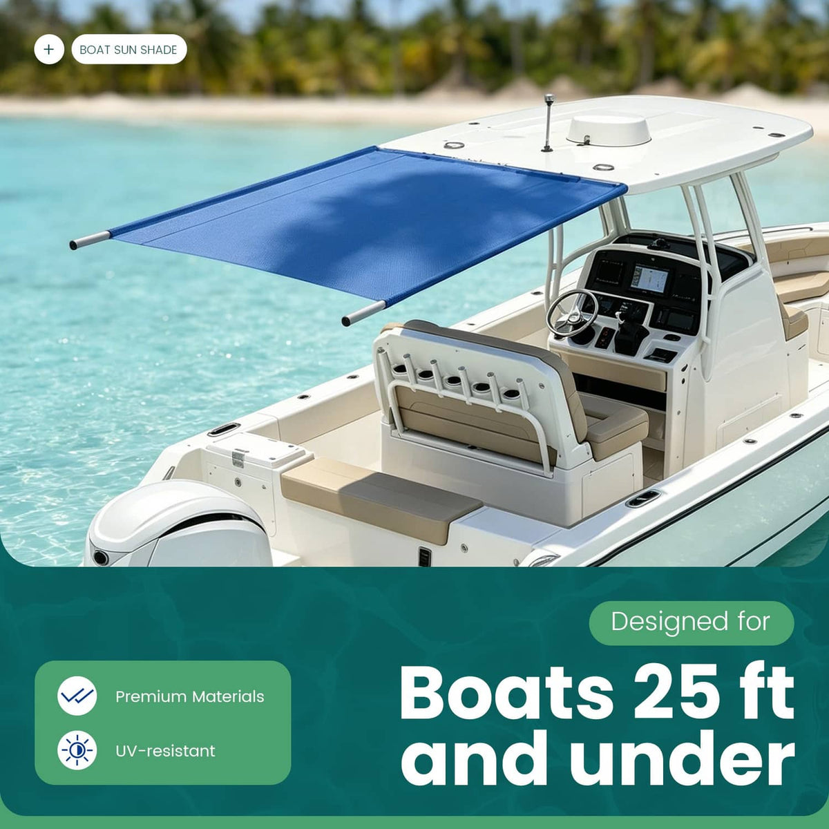 Blue boat sun shade covering a small boat deck with white support poles