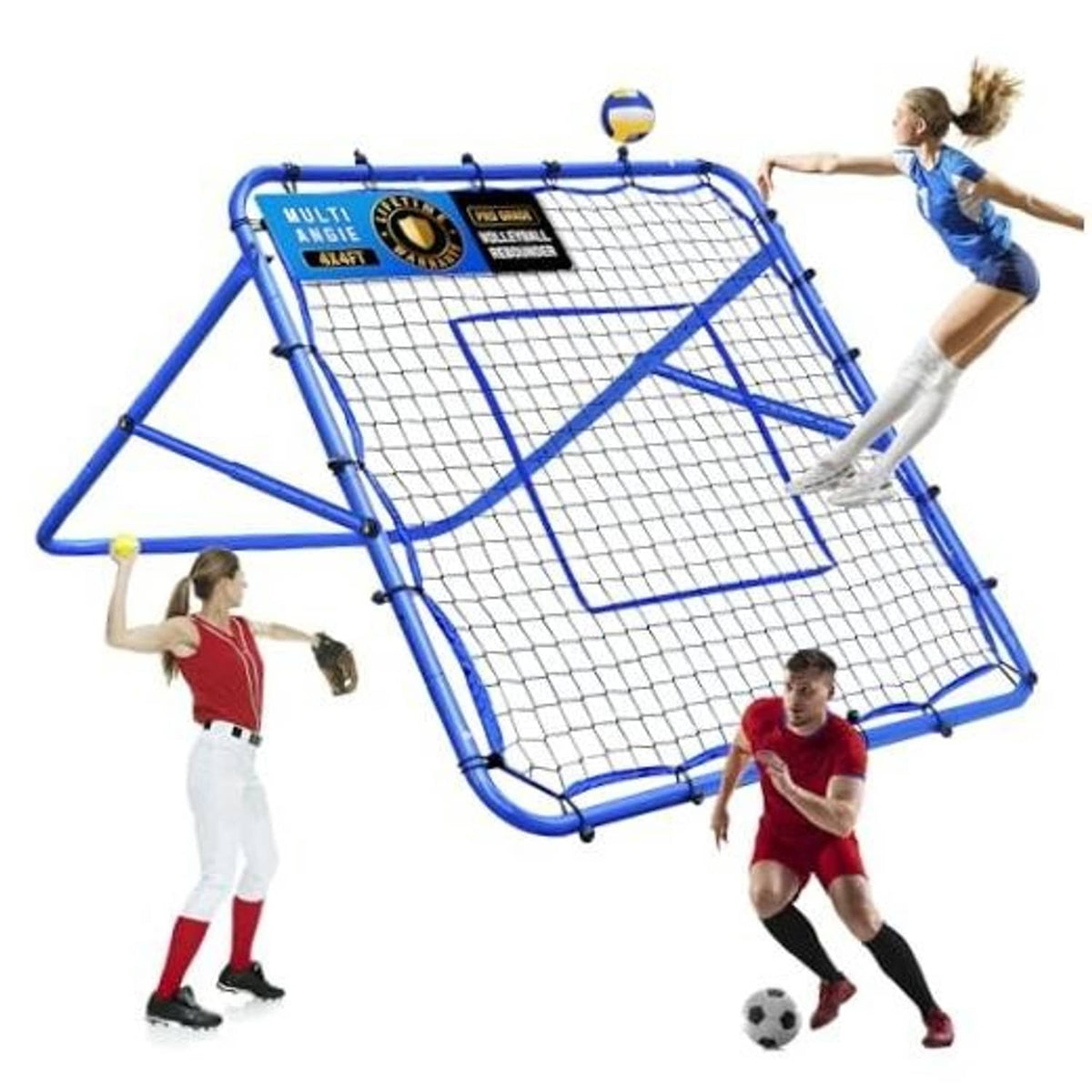 Blue rebounder net with white mesh grid and padded frame for ball return practice