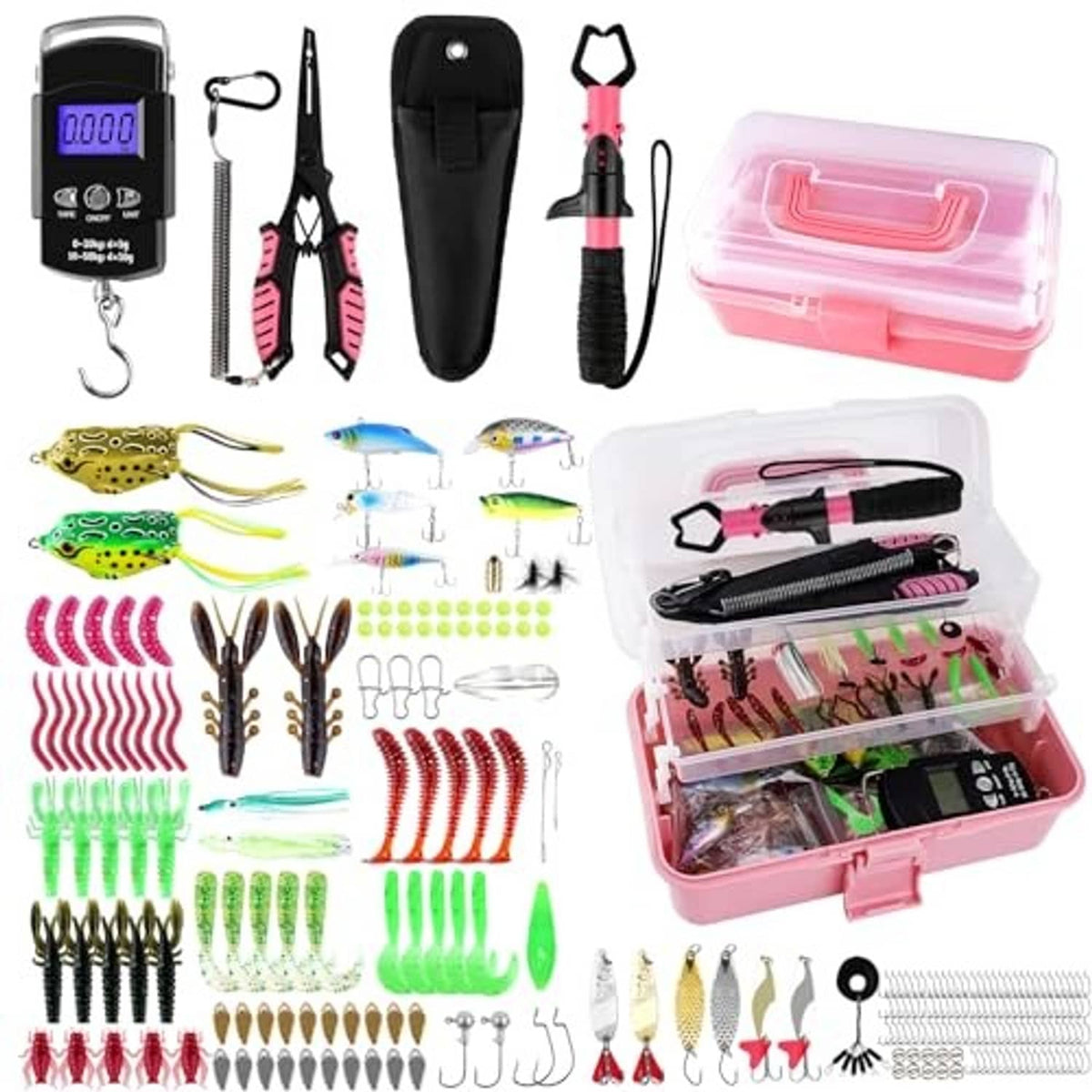 Pink 3-layer fishing tackle box kit with arranged tools and clear storage compartments