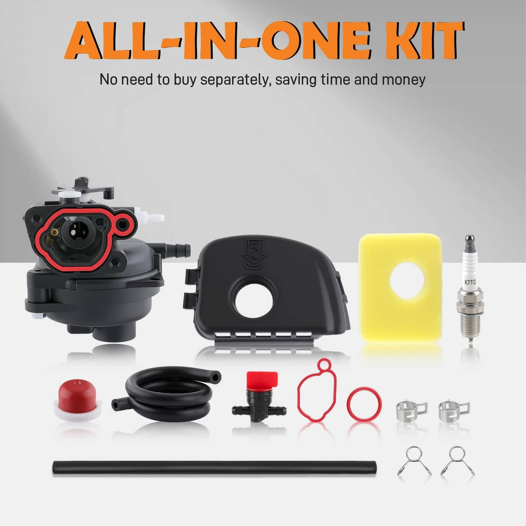 Carburetor kit components: black carb body, yellow filter, spark plug, hoses and gaskets