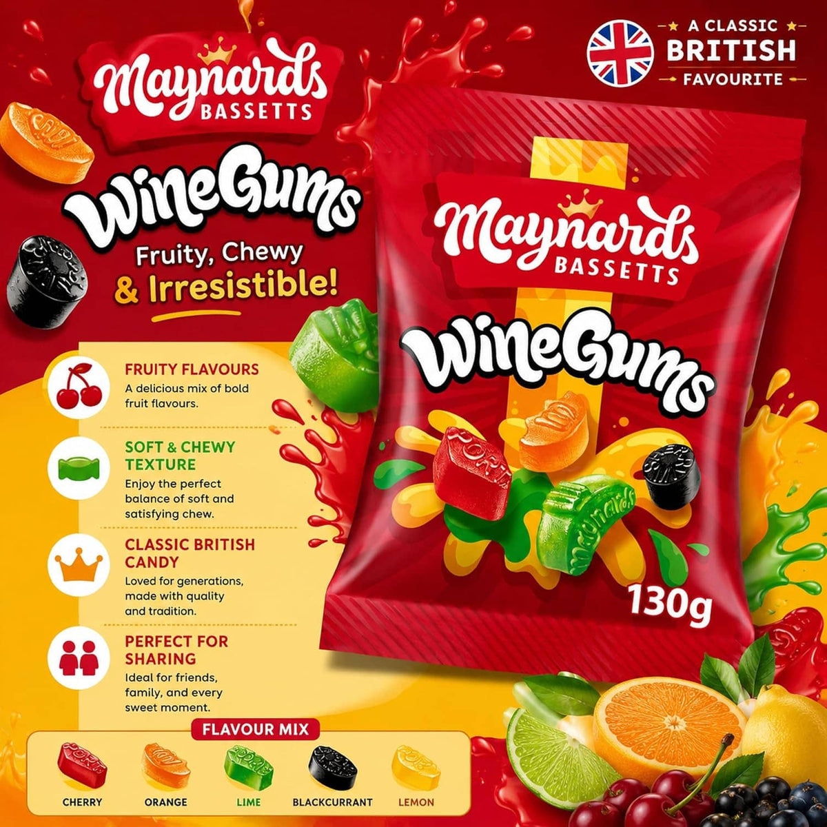 WineGums candy bag showing fruit flavors graphic, Maynards branding, 130g.