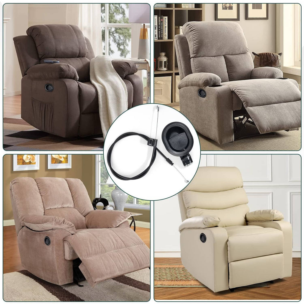 Universal black recliner release pull handle shown on recliner chairs