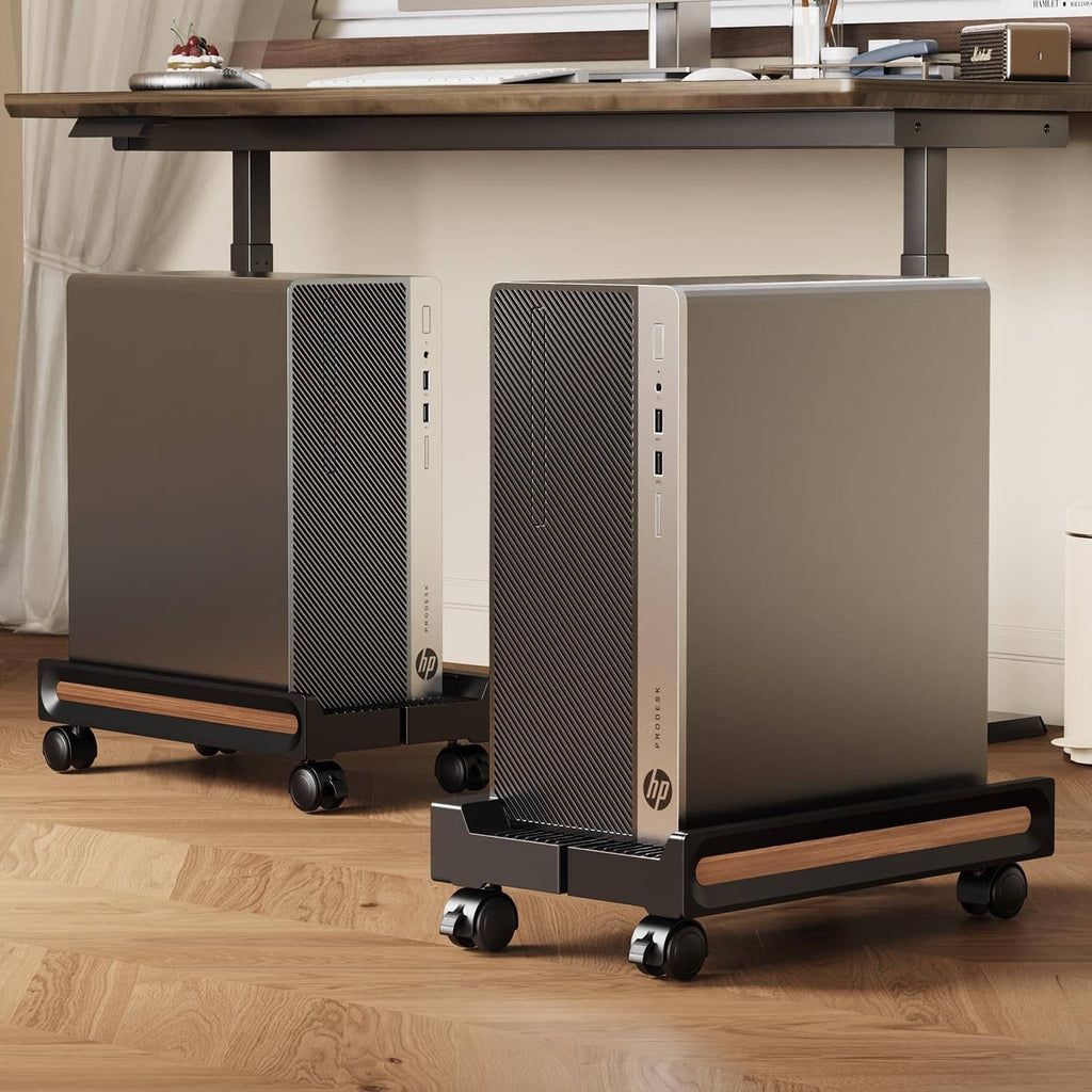 Ventilated computer stand under desk with black base, wood rails, rolling caster wheels