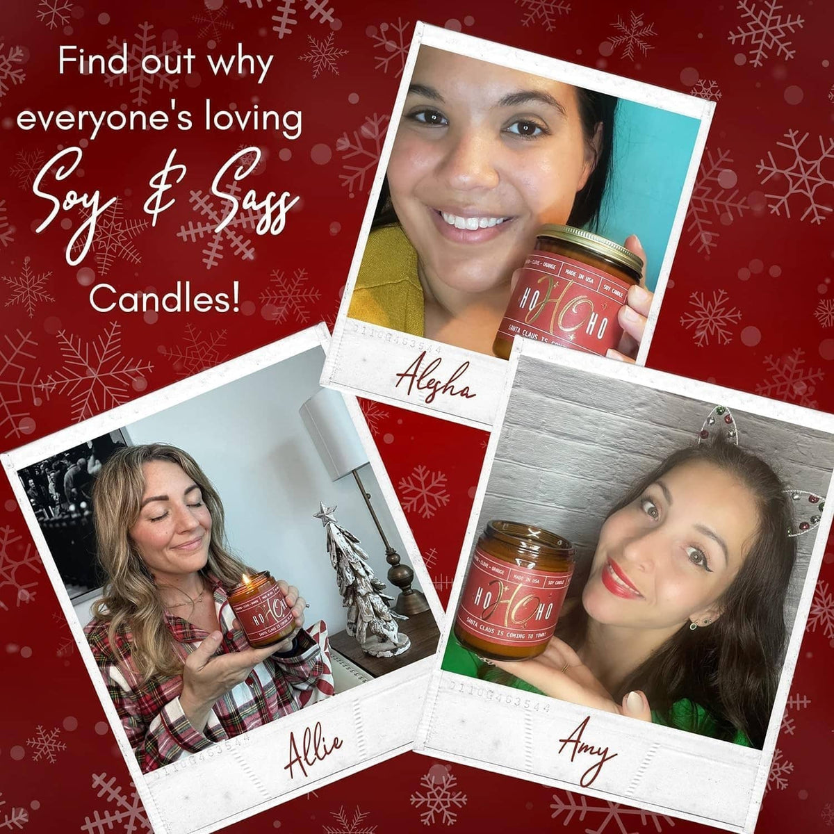 “Soy & Sass” candle jar with “Candy Cane” label held up in a collage of photos