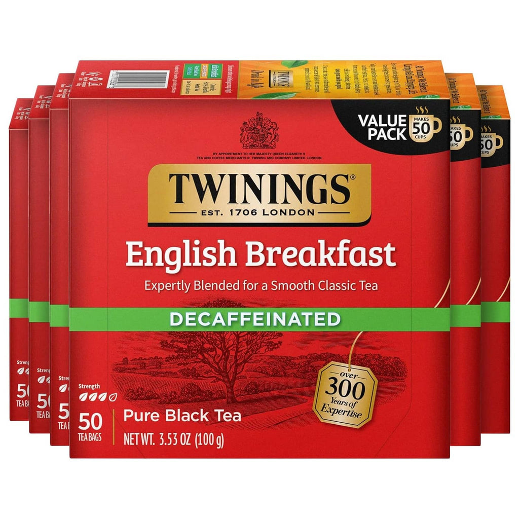 Twinings decaffeinated English Breakfast black tea bag boxes, Value Pack 50 count
