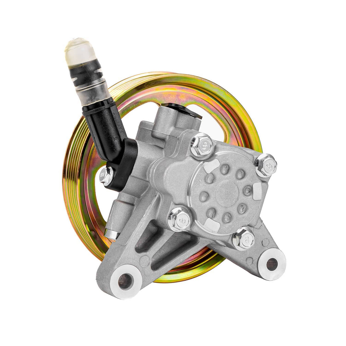 Power steering pump pulley assembly with silver housing and attached hose
