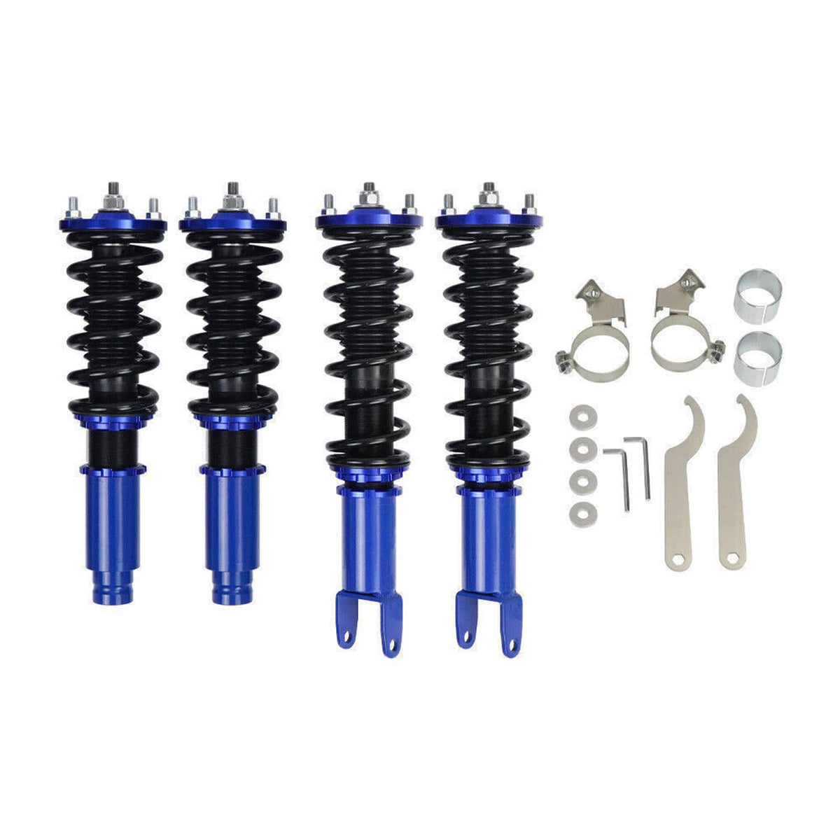 Coilover suspension shocks set with blue cylinders, black springs, and mounting hardware