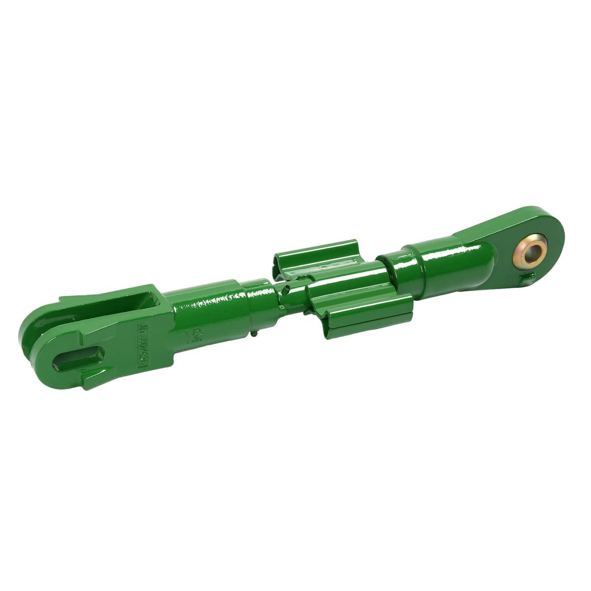 Green tractor lift link with long body, guard sleeve, and round pin bushing