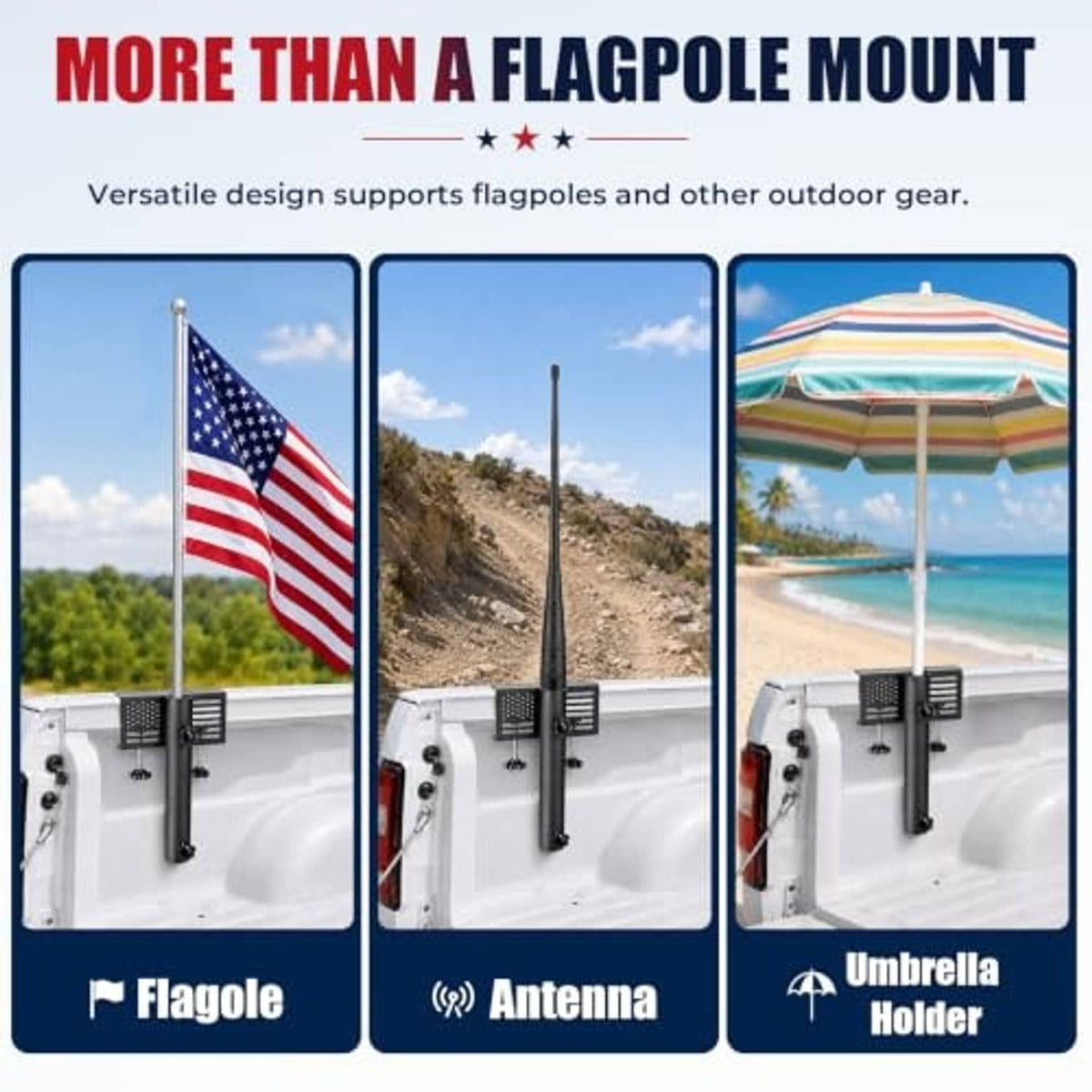 Black multi-use truck mount bracket for flagpole and outdoor accessories.