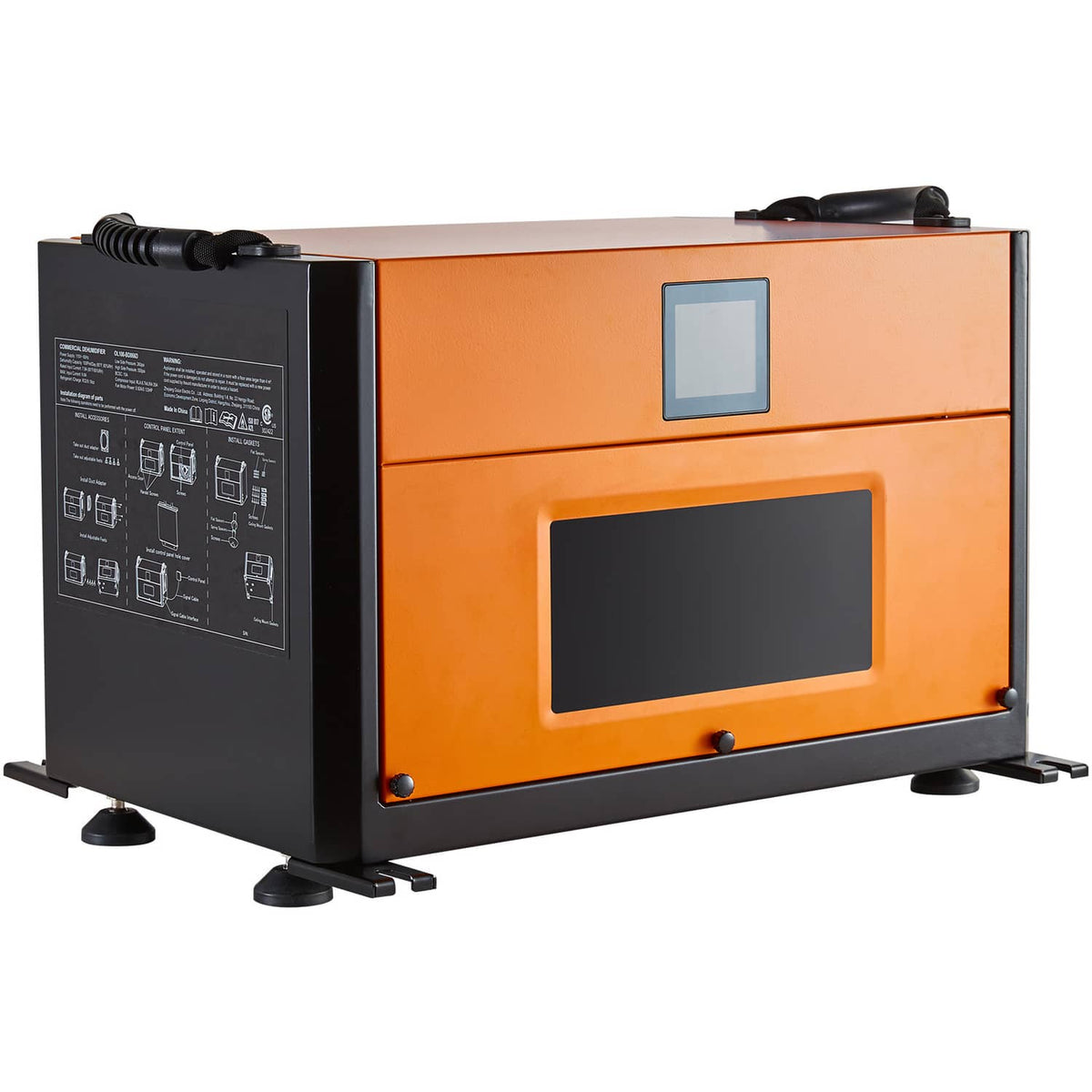 Commercial dehumidifier back panel with control label area and black side casing.