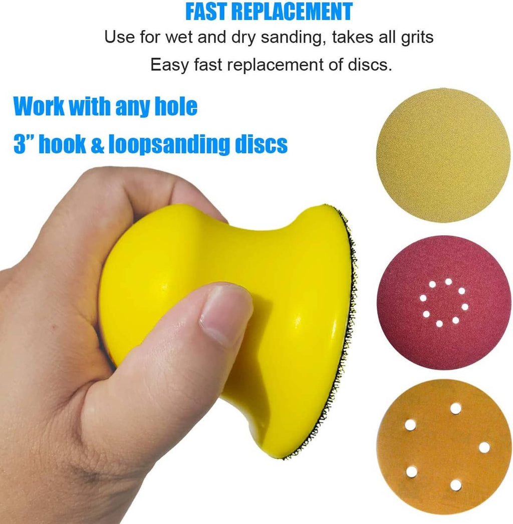 Yellow round sanding block with black abrasive pad, plus extra hook-and-loop discs
