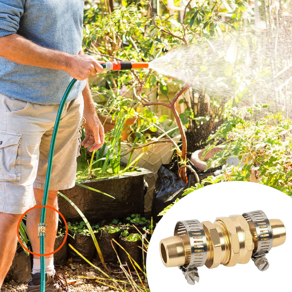 Gold brass garden hose repair connector with metal clamps attached to green hose line