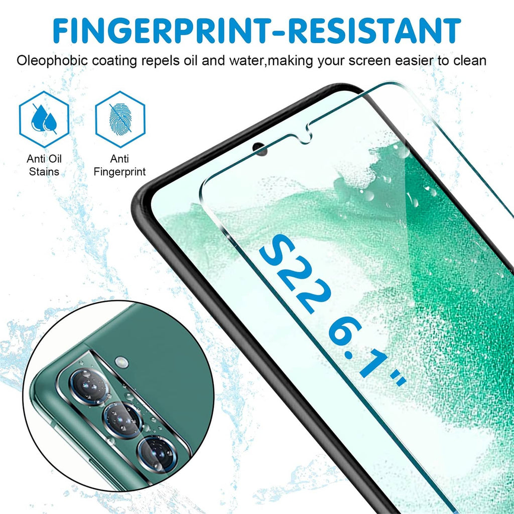 Fingerprint-resistant tempered glass screen protector for Samsung Galaxy S22, oil and water repellent
