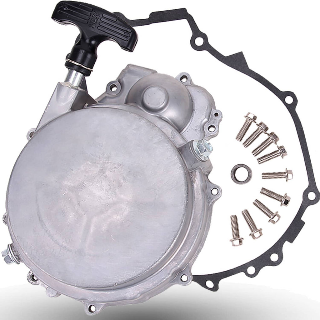 Recoil starter pull start assembly with silver cover, black handle, and mounting hardware