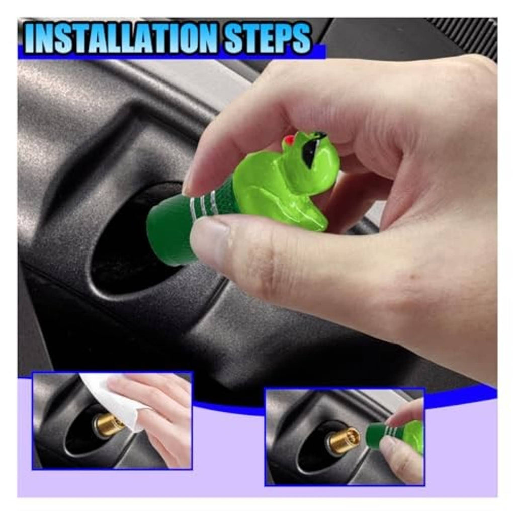 Green duck-shaped tire valve stem cap being installed on a tire valve by hand