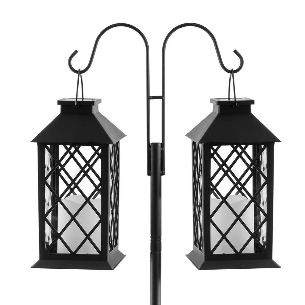 Double shepherds hook with two lantern bird feeders on a black 60-inch pole
