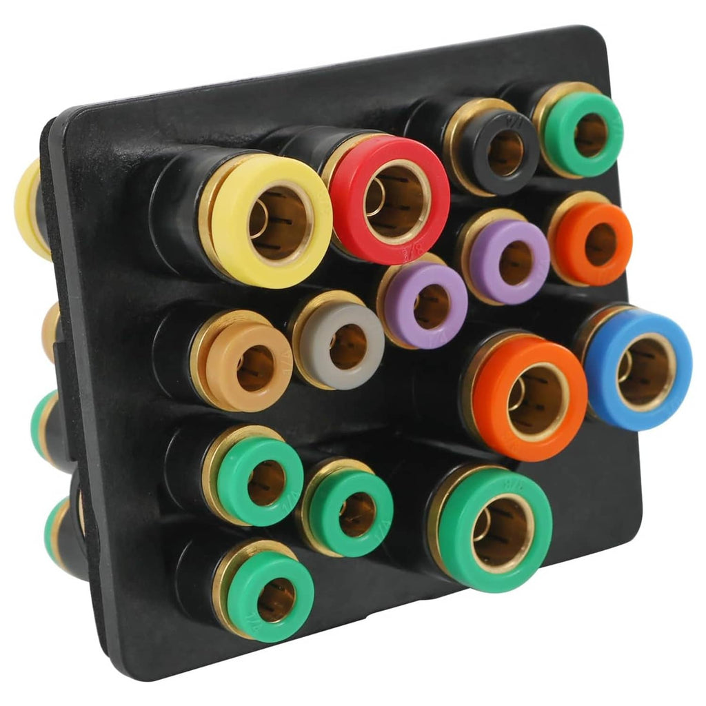 Truck air manifold connector block with multicolor fittings on black housing