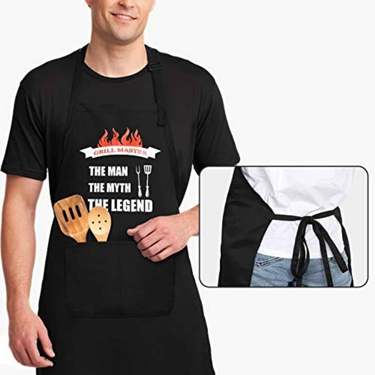 Black apron on model with waist ties and “The Man The Myth The Legend” front print