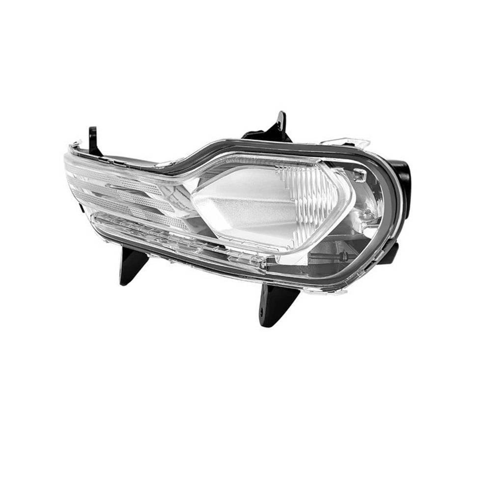 Driver-side LH front fog light lamp, clear lens with chrome grille and black brackets