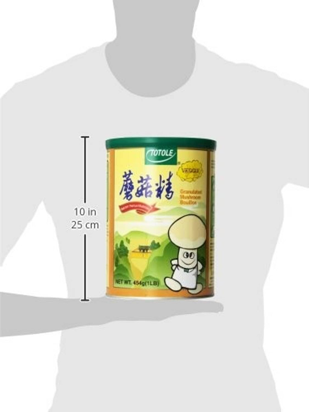 Granulated mushroom bouillon canister with size dimensions shown, 454 g