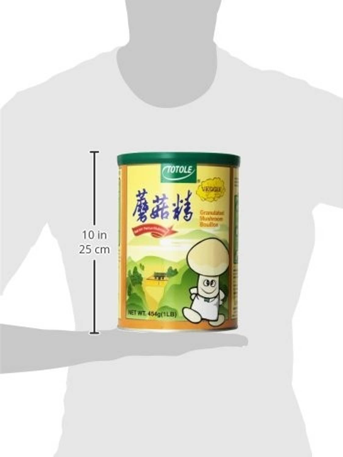 Granulated mushroom bouillon canister with size dimensions shown, 454 g