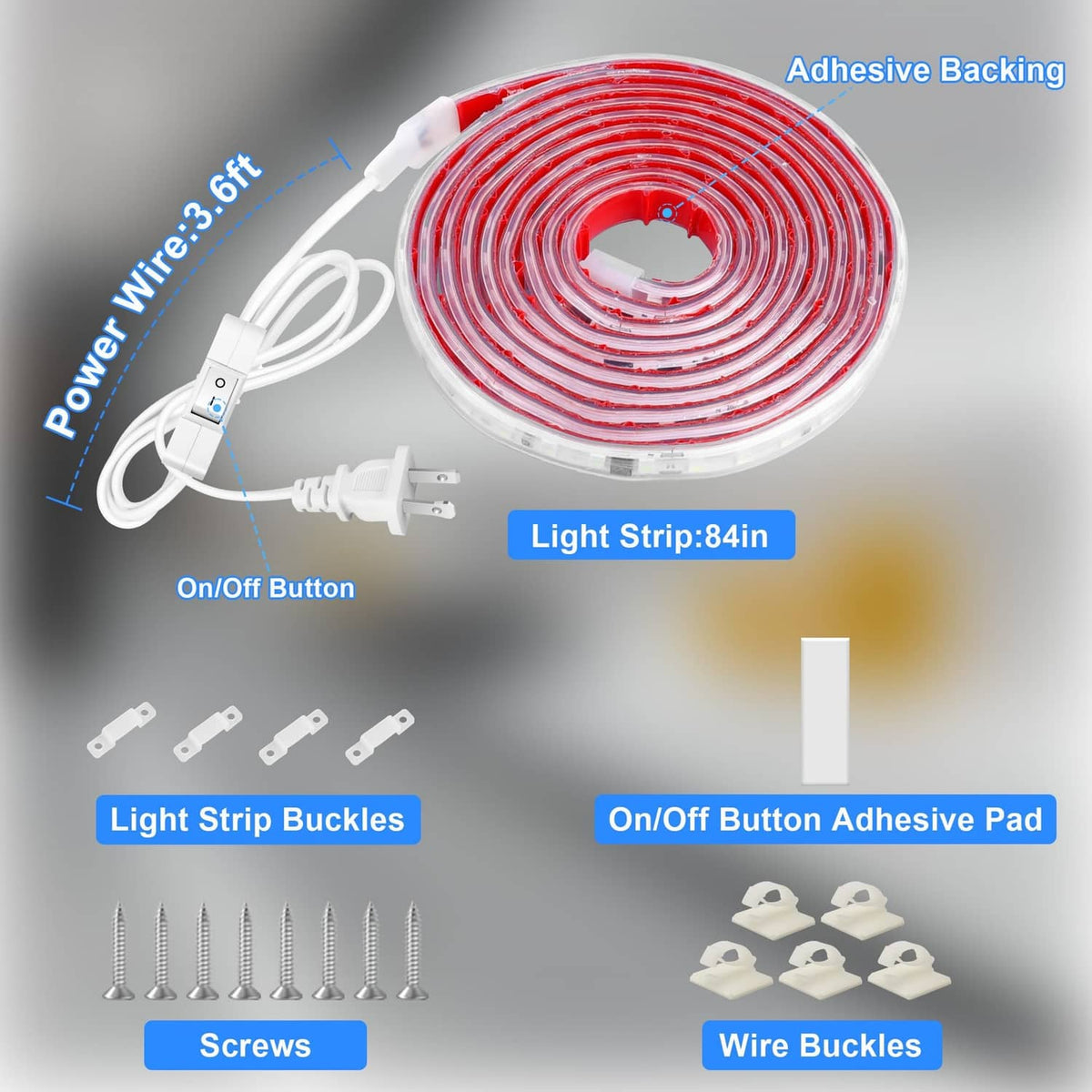 Plug-in LED strip kit with power wire, on/off button, adhesive backing and mounting parts
