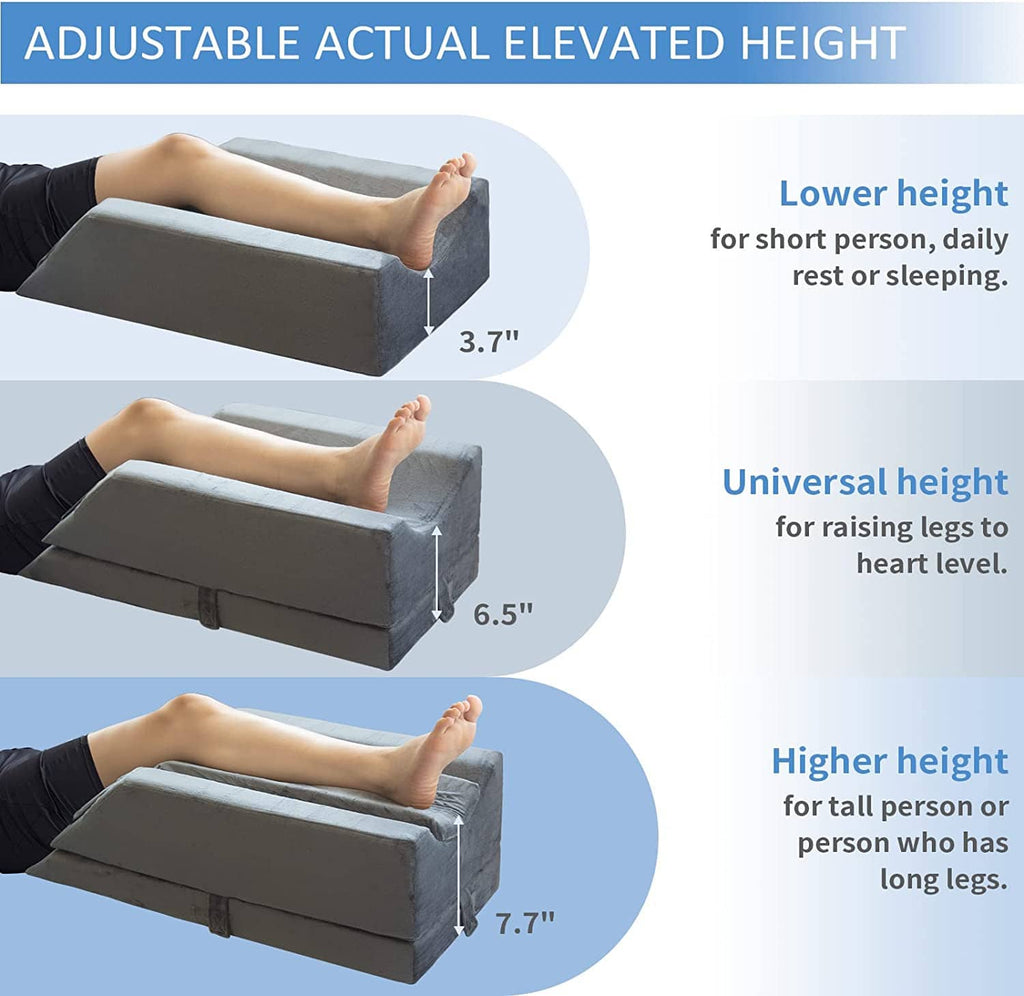 Adjustable leg elevation pillow with raised wedge, dark gray, shown under legs