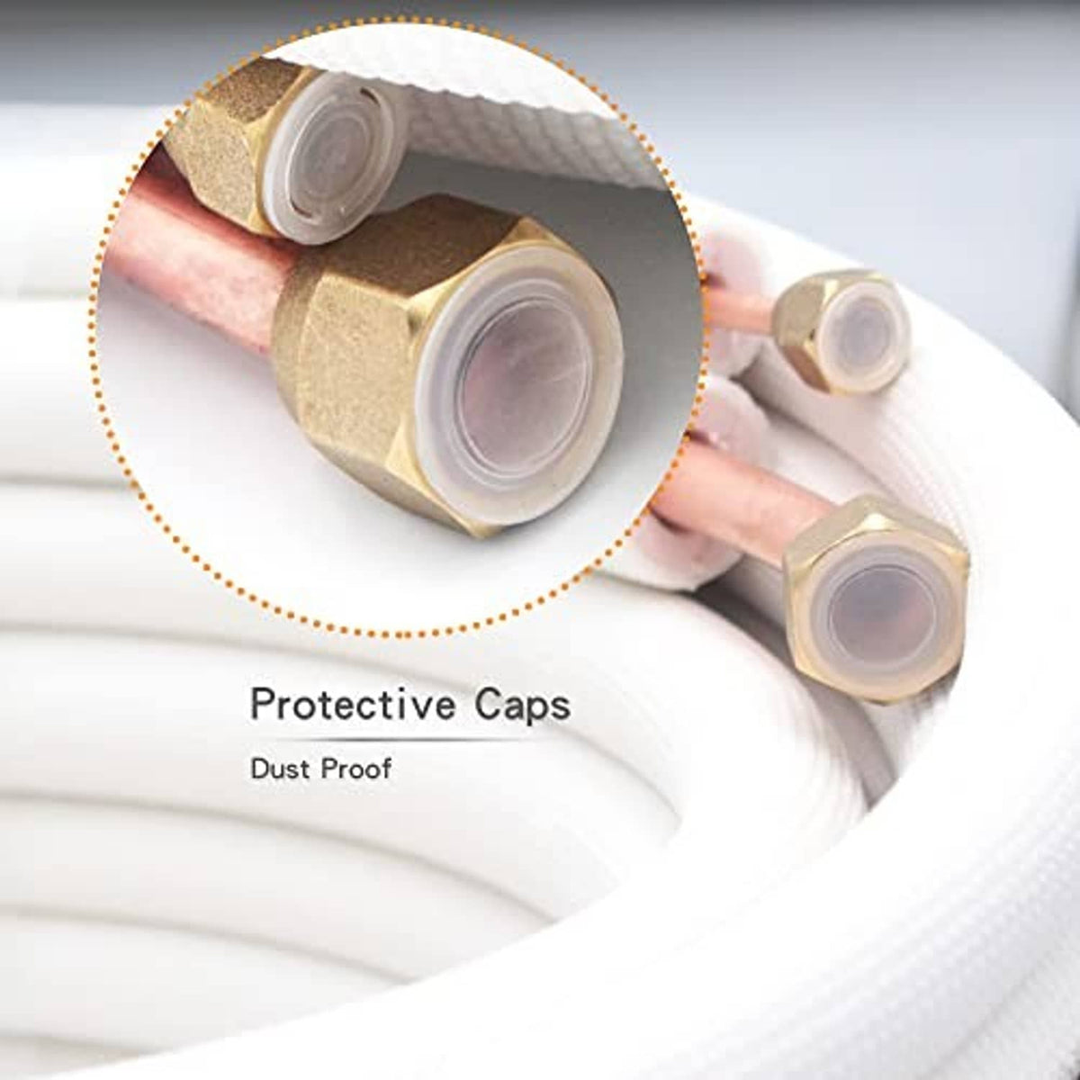 Mini split line set copper pipe ends with protective dust caps