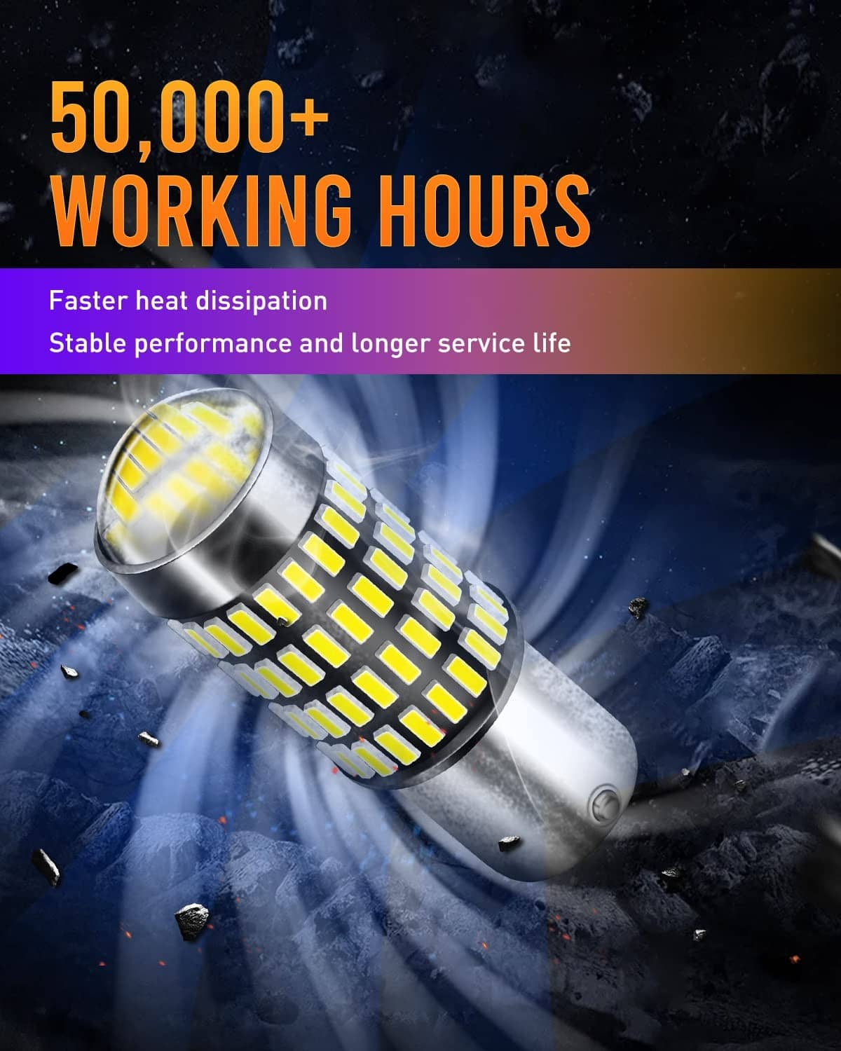 Silver LED bulb with bright projector-style lens and dense yellow LED chip array
