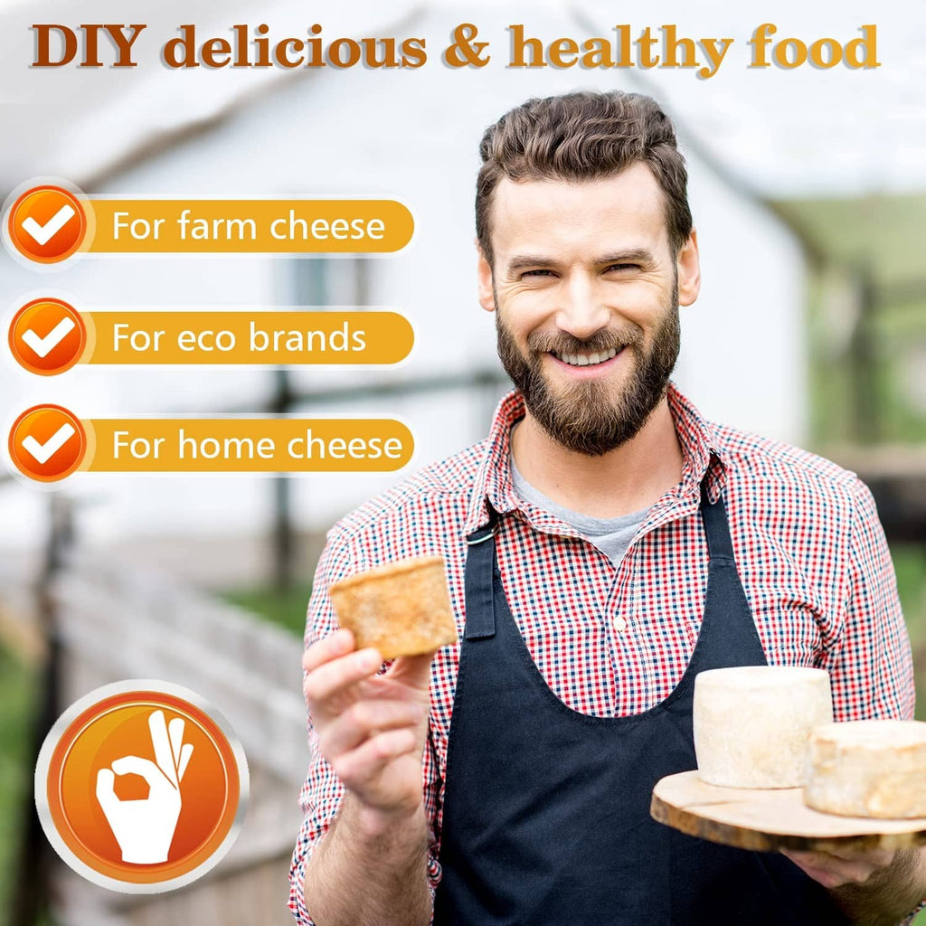 Cheese making at home: person holding cheese slices beside small farm-style cheese