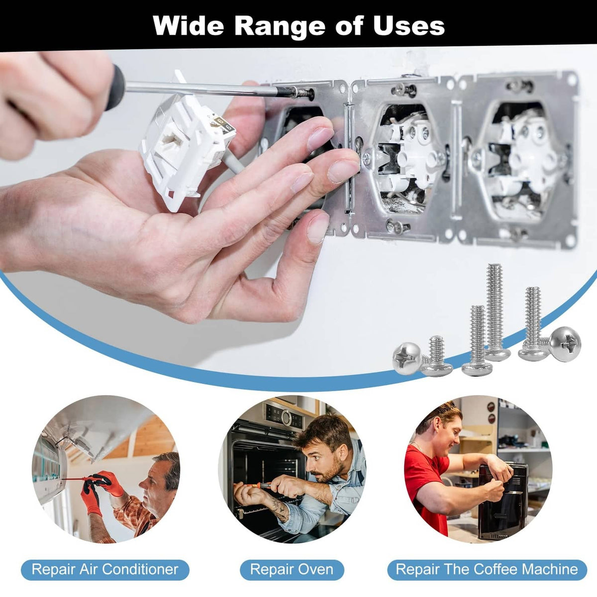 Wide-use hardware kit for appliance repair, stainless screws and washers, silver