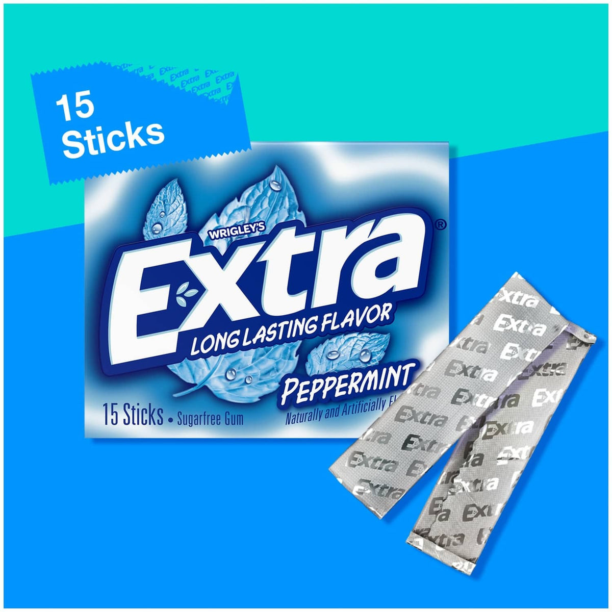 Peppermint sugarfree gum box and foil packs, Extra brand, 15 sticks
