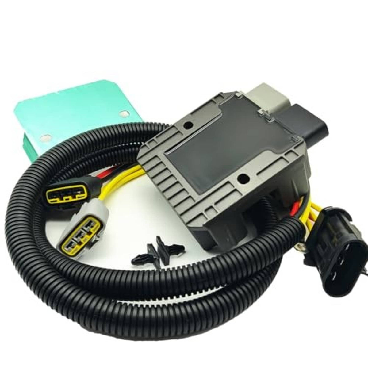 Voltage regulator rectifier module with wiring harness; black housing and multicolor wire leads