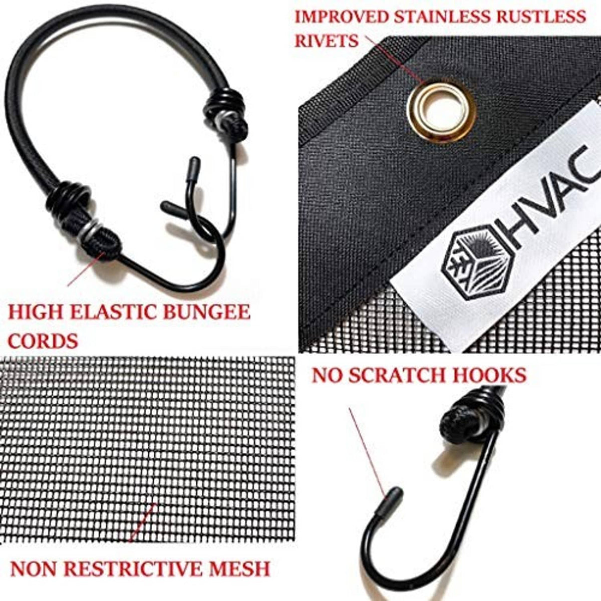 Black elastic bungee cords with hooks and mesh cover material detail for AC unit covers