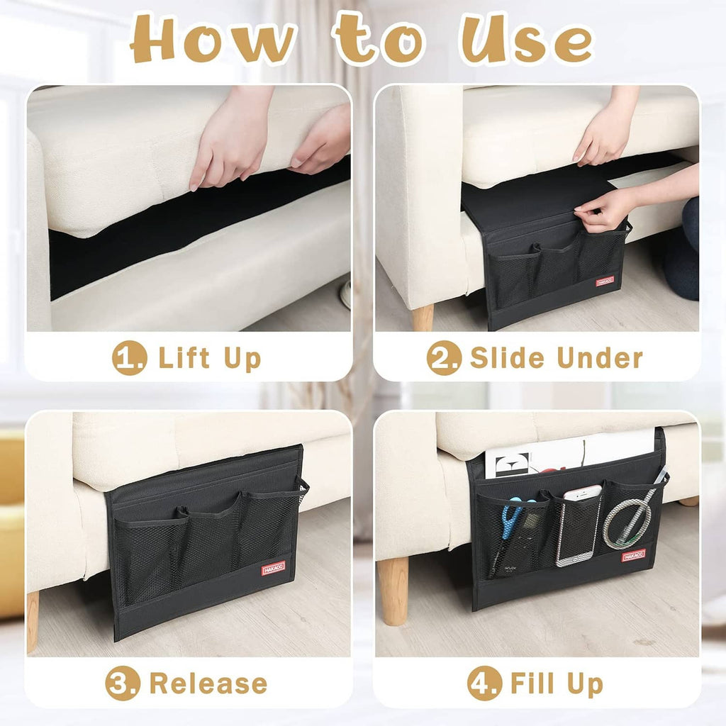 Black bedside storage caddy with multiple compartments for sliding under furniture