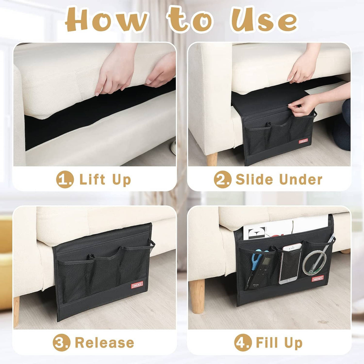 Black bedside storage caddy with multiple compartments for sliding under furniture