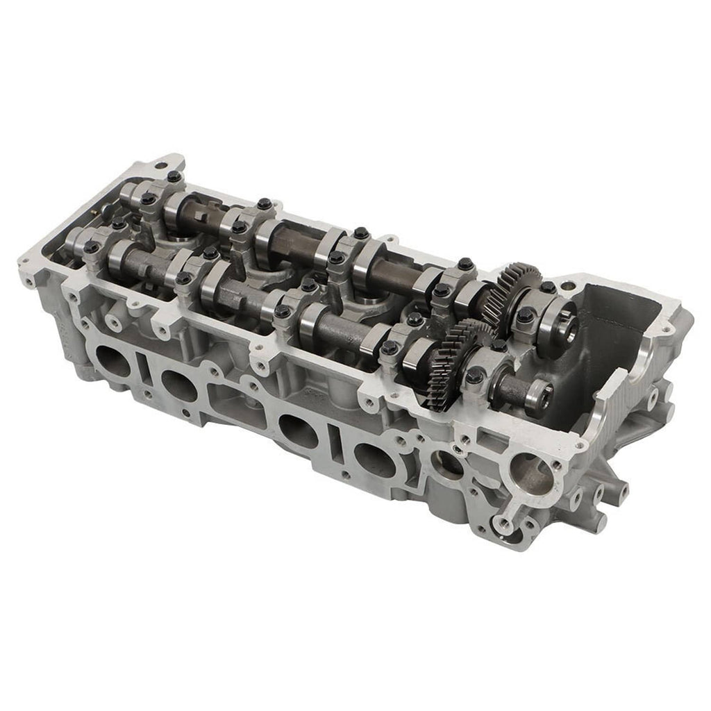 Cylinder head with camshafts and timing components, angled view